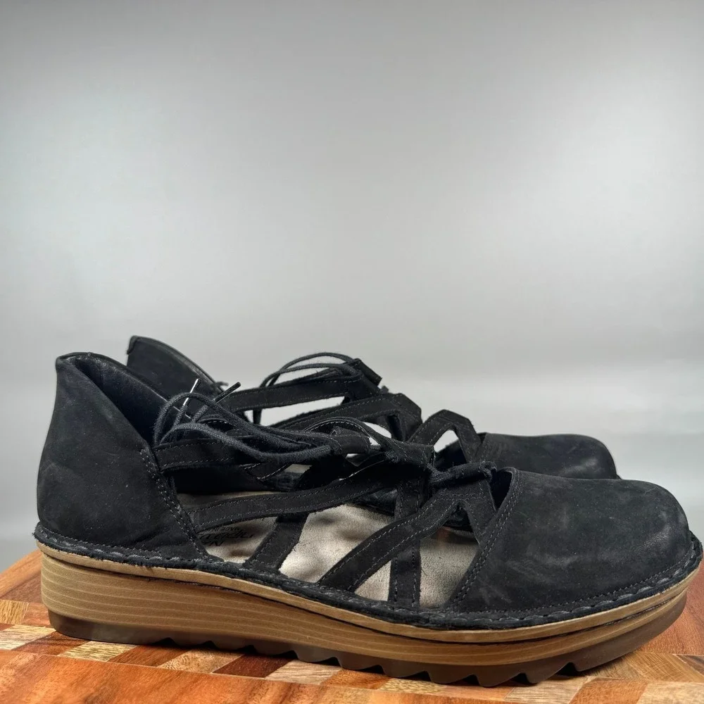 Naot Kirei Black Nubuck Lace Up Strappy Wedge Shoes Womens 40 EU 9 US Israel